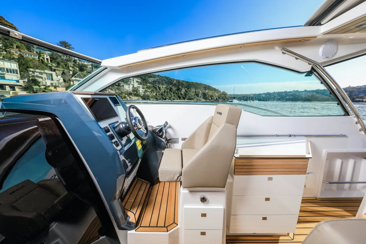 Cockpit of Mačka Monika, a Flipper 900 ST motor yacht at Pirovac, Croatia
