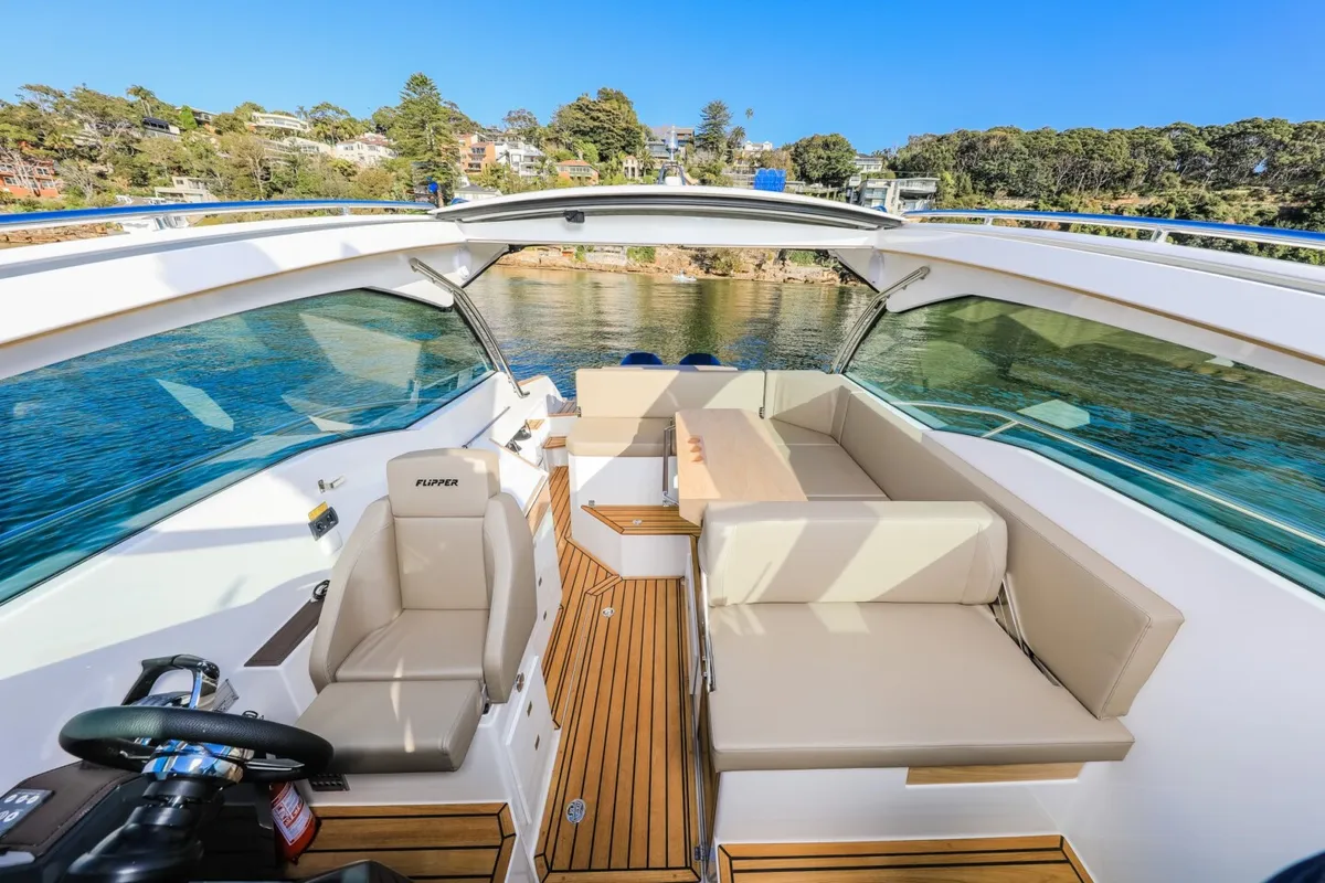 Deck of Mačka Monika, a Flipper 900 ST motor yacht at Pirovac, Croatia