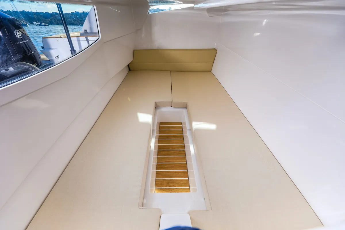 Cabin on Mačka Monika, a Flipper 900 ST motor yacht at Pirovac, Croatia