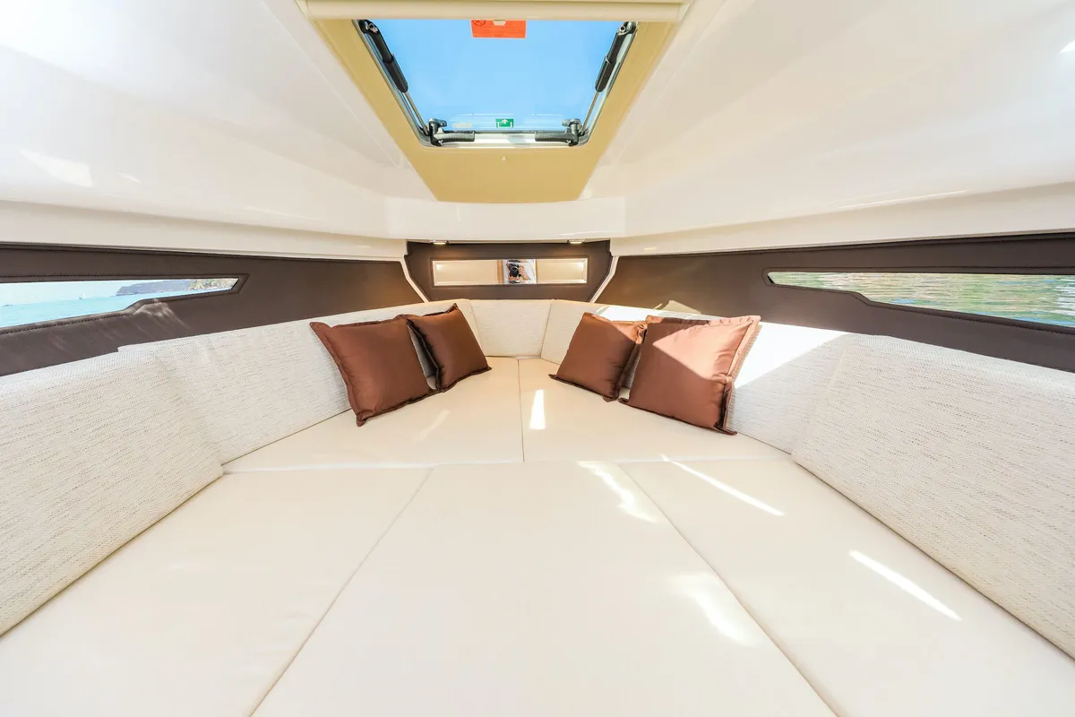 Cabin on Mačka Monika, a Flipper 900 ST motor yacht at Pirovac, Croatia