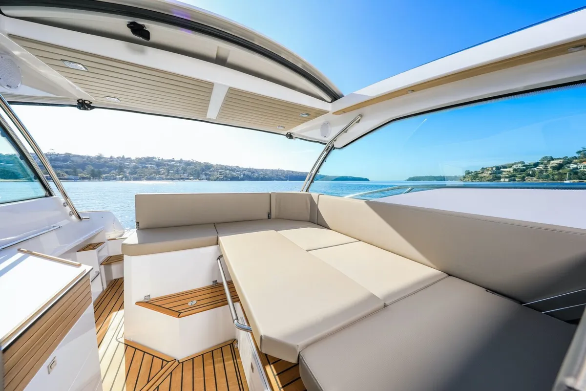Deck of Mačka Monika, a Flipper 900 ST motor yacht at Pirovac, Croatia