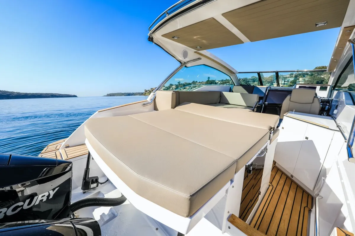 Deck of Mačka Monika, a Flipper 900 ST motor yacht at Pirovac, Croatia