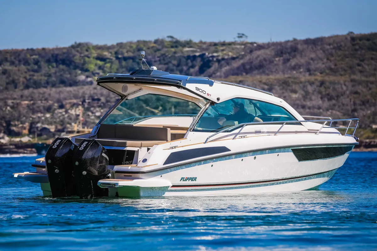 Exterior view of Mačka Monika, a Flipper 900 ST motor yacht at Pirovac, Croatia