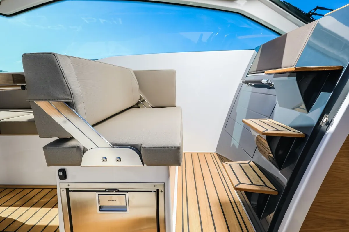 Deck of Mačka Monika, a Flipper 900 ST motor yacht at Pirovac, Croatia