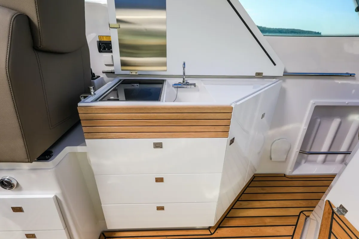 Deck of Mačka Monika, a Flipper 900 ST motor yacht at Pirovac, Croatia