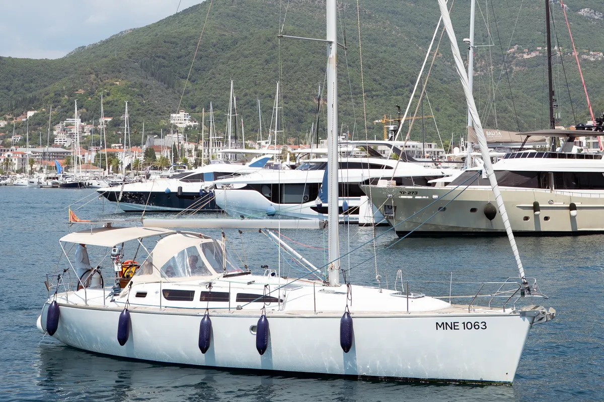 Exterior view of Azure, a Jeanneau Sun Odyssey 40.3 sailboat at Radovići, Montenegro