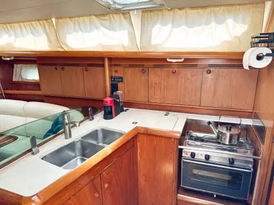 Galley of Azure, a Jeanneau Sun Odyssey 40.3 sailboat at Radovići, Montenegro