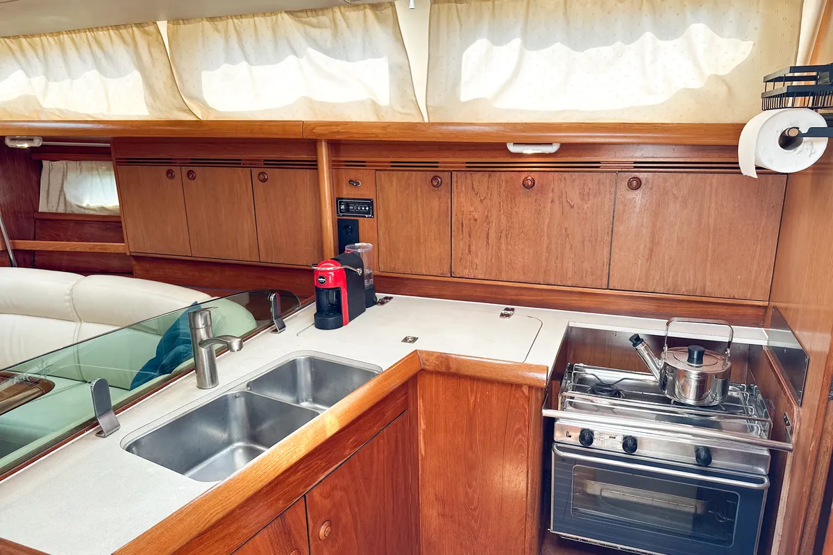 Galley of Azure, a Jeanneau Sun Odyssey 40.3 sailboat at Radovići, Montenegro