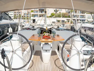 Cockpit of Azure, a Jeanneau Sun Odyssey 40.3 sailboat at Radovići, Montenegro
