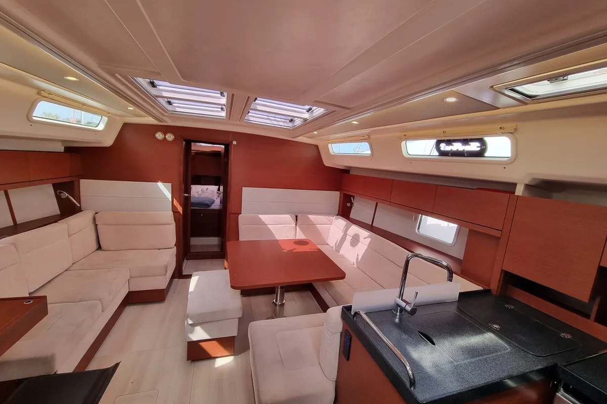Salon of Melusine, a Hanse 458 sailboat at Lavrion, Greece