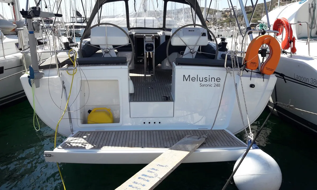 Cockpit of Melusine, a Hanse 458 sailboat at Lavrion, Greece