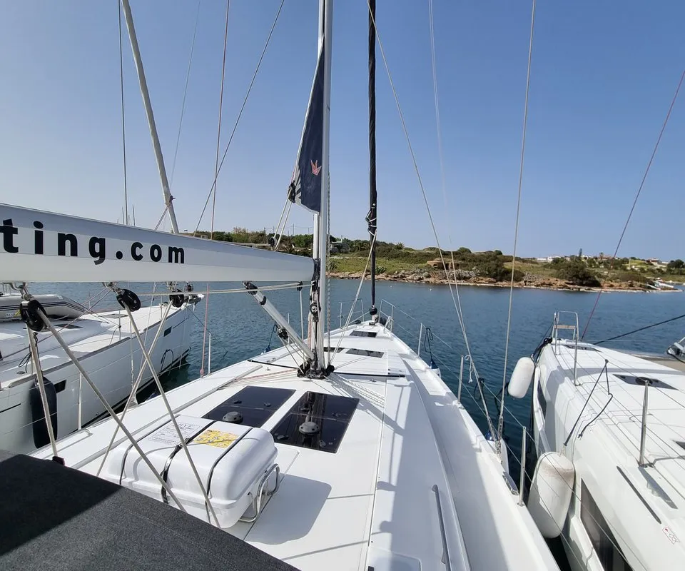 Deck of Melusine, a Hanse 458 sailboat at Lavrion, Greece