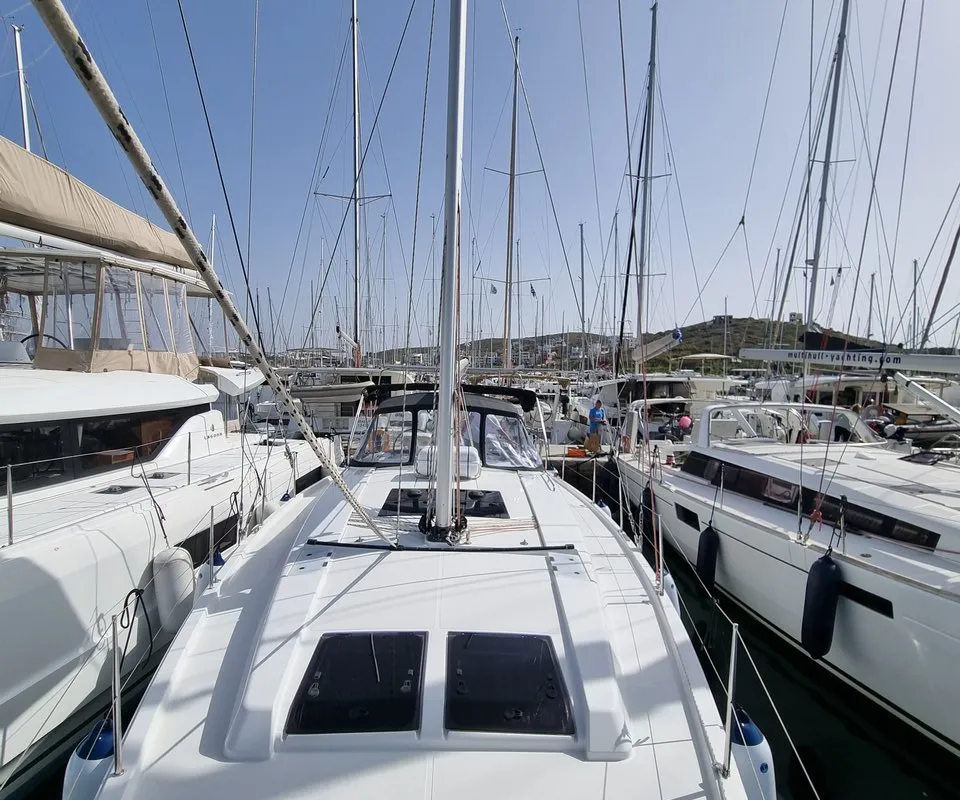 Deck of Melusine, a Hanse 458 sailboat at Lavrion, Greece