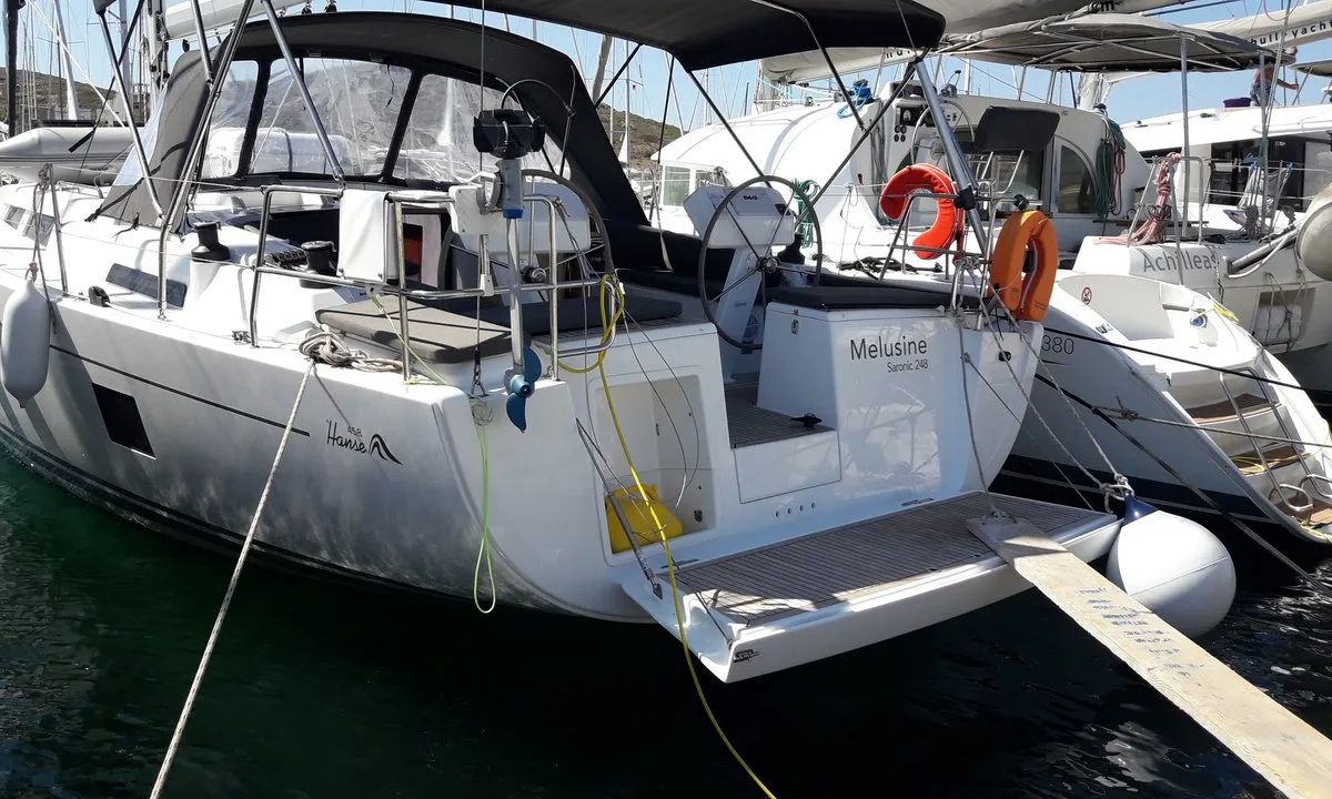 Exterior view of Melusine, a Hanse 458 sailboat at Lavrion, Greece