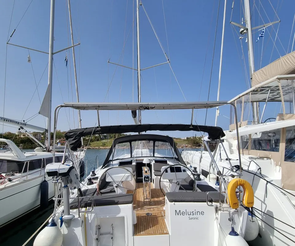 Cockpit of Melusine, a Hanse 458 sailboat at Lavrion, Greece