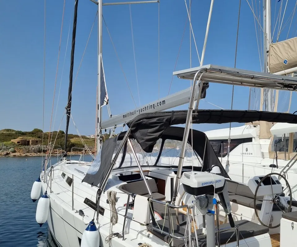 Deck of Melusine, a Hanse 458 sailboat at Lavrion, Greece