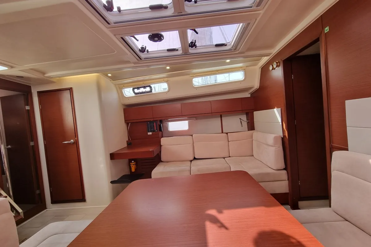 Salon of Melusine, a Hanse 458 sailboat at Lavrion, Greece