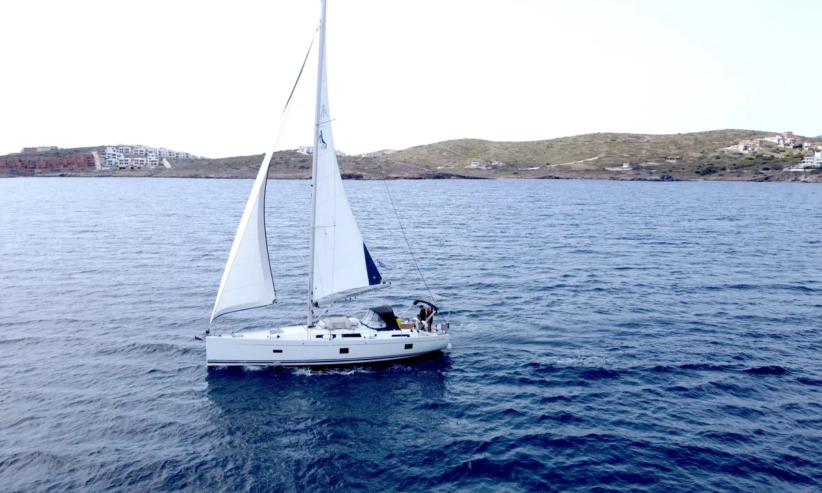 Exterior view of Melusine, a Hanse 458 sailboat at Lavrion, Greece