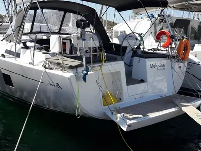 Cockpit of Melusine, a Hanse 458 sailboat at Lavrion, Greece