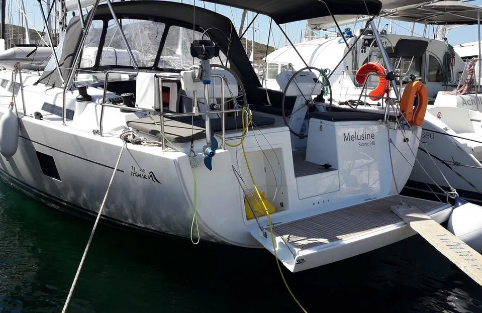 Cockpit of Melusine, a Hanse 458 sailboat at Lavrion, Greece