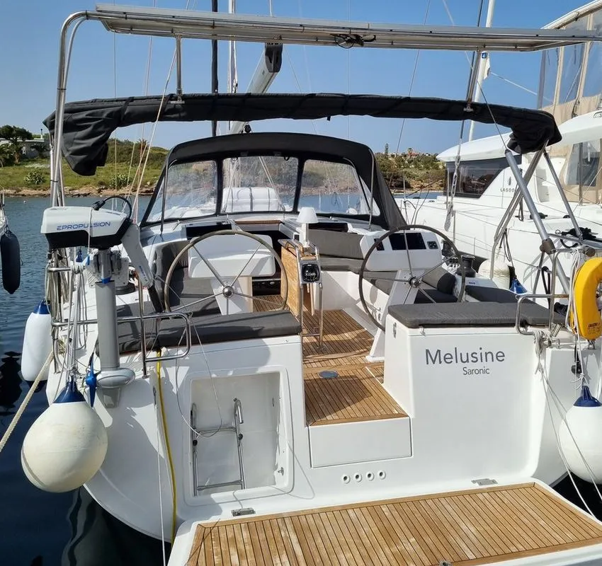 Head on Melusine, a Hanse 458 sailboat at Lavrion, Greece