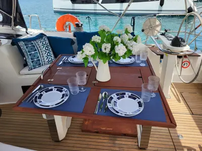 Cockpit of Bela Vila, a Bavaria Cruiser 50 sailboat at Athens, Marina Delta Kallithea, Greece
