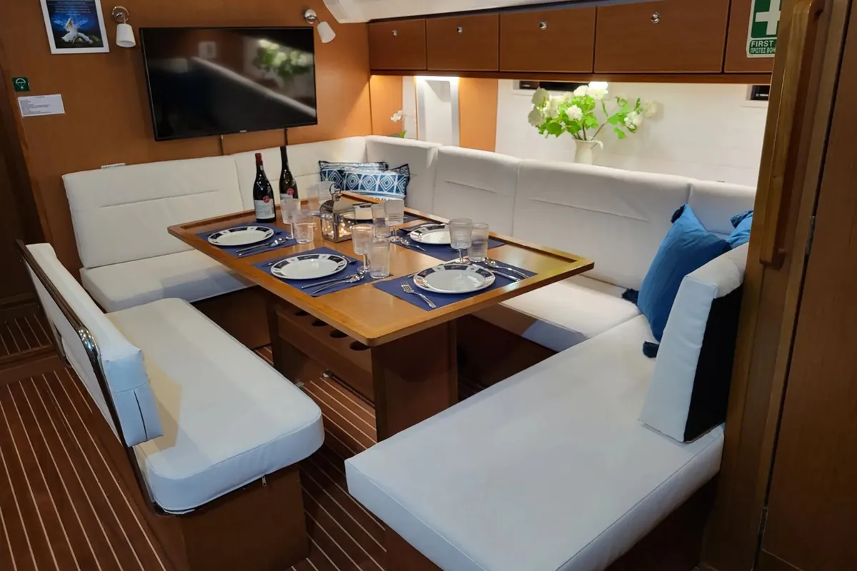Salon of Bela Vila, a Bavaria Cruiser 50 sailboat at Athens, Marina Delta Kallithea, Greece