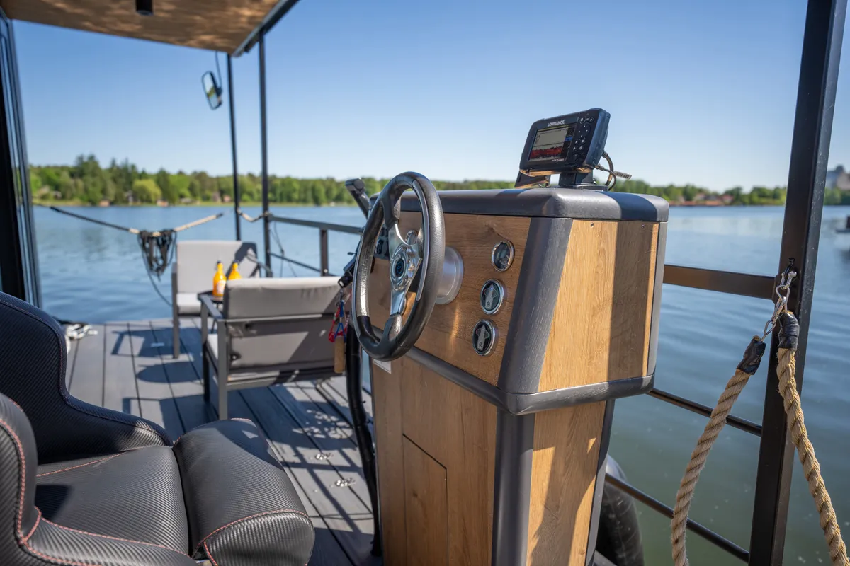 Cockpit of Pina, a Woma D13 motorboat at Fürstenberg/Havel, Germany