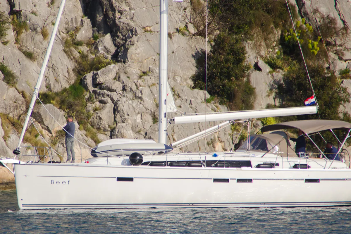 Exterior view of Beef, a Bavaria Cruiser 46 sailboat at Grad Pula, Croatia