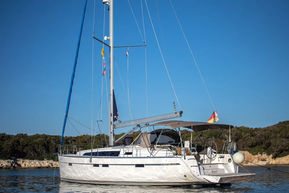 Exterior view of Beef, a Bavaria Cruiser 46 sailboat at Grad Pula, Croatia