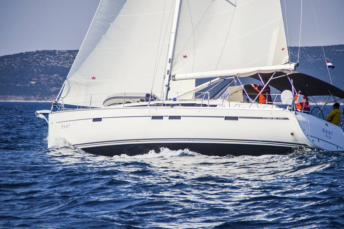 Exterior view of Beef, a Bavaria Cruiser 46 sailboat at Grad Pula, Croatia