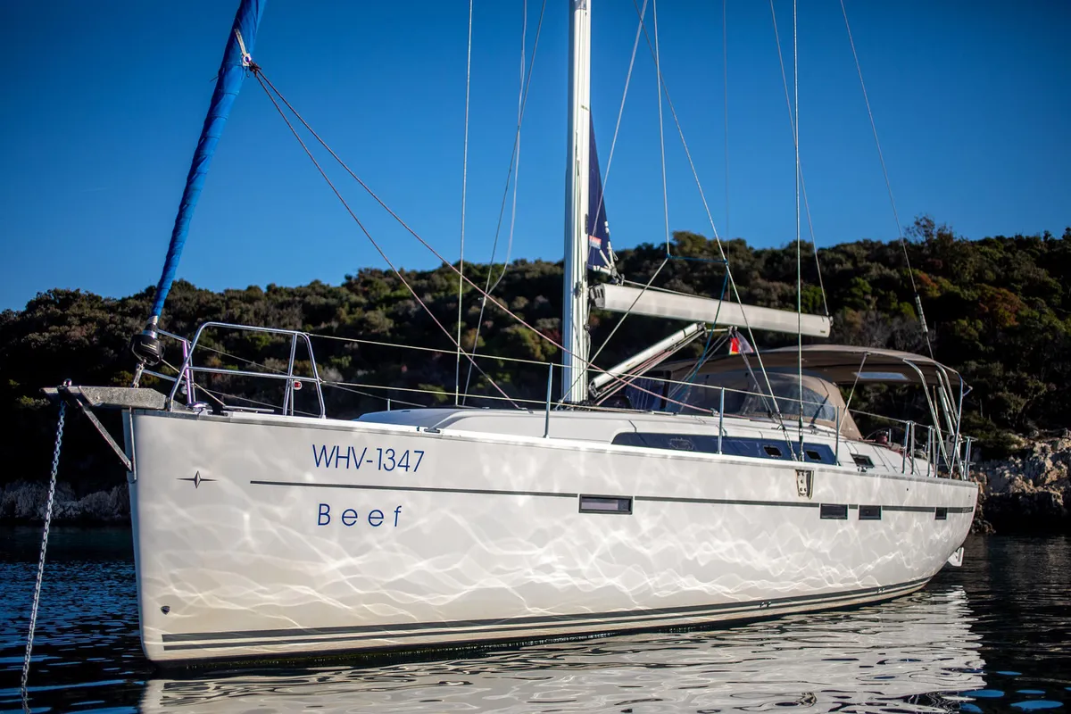 Exterior view of Beef, a Bavaria Cruiser 46 sailboat at Grad Pula, Croatia