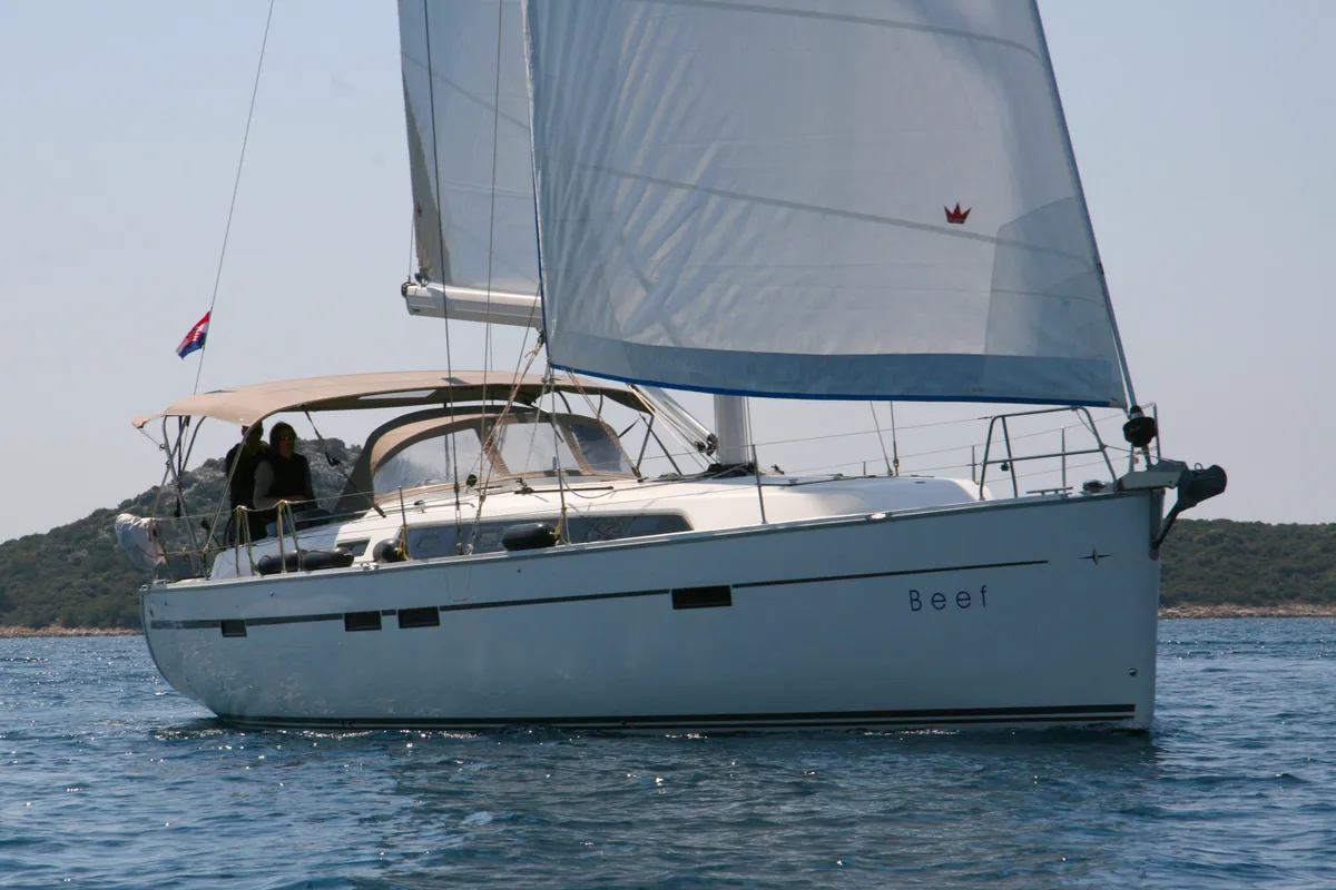 Exterior view of Beef, a Bavaria Cruiser 46 sailboat at Grad Pula, Croatia