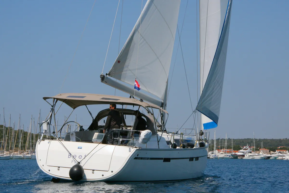 Exterior view of Beef, a Bavaria Cruiser 46 sailboat at Grad Pula, Croatia