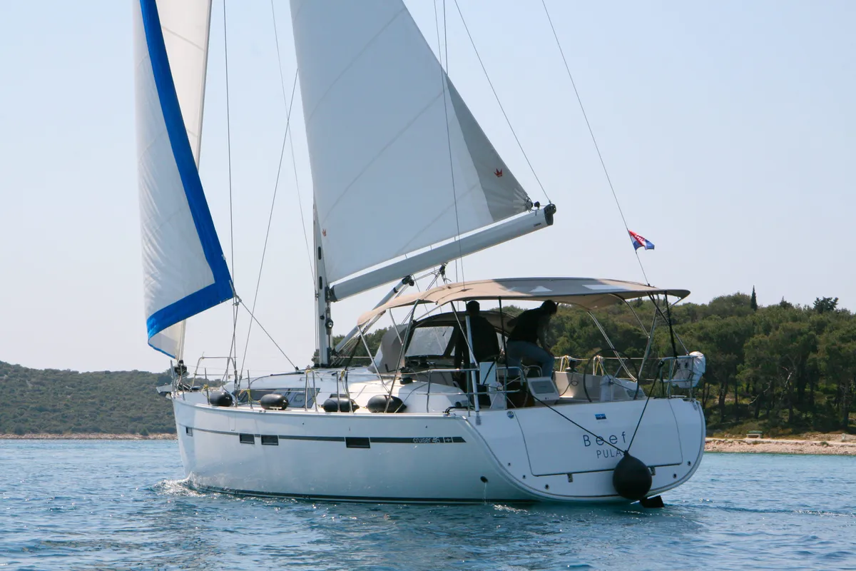Exterior view of Beef, a Bavaria Cruiser 46 sailboat at Grad Pula, Croatia
