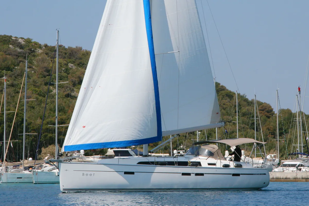 Exterior view of Beef, a Bavaria Cruiser 46 sailboat at Grad Pula, Croatia