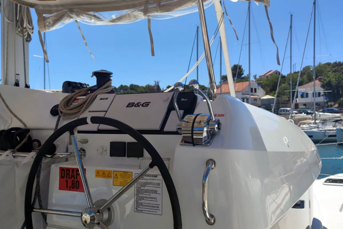 Cockpit of Solentia, a Lagoon 40 catamaran at Rogač, Croatia