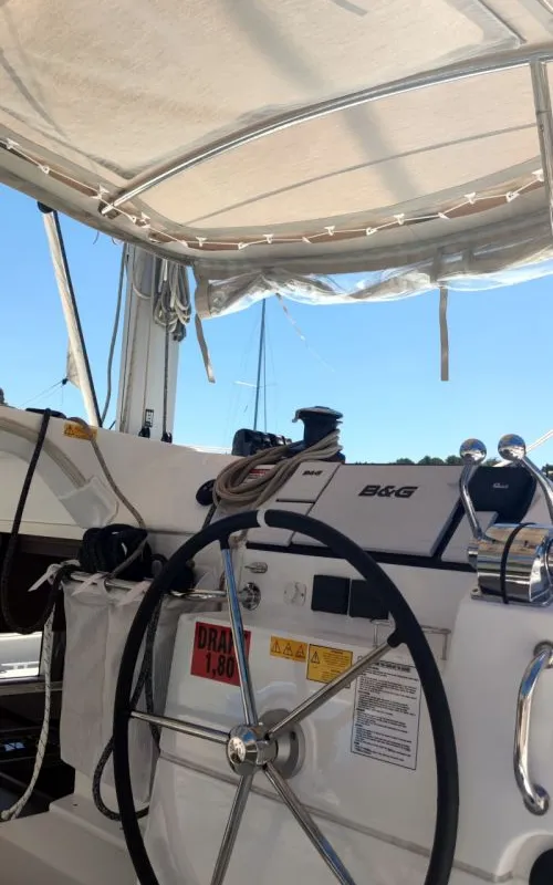 Cockpit of Solentia, a Lagoon 40 catamaran at Rogač, Croatia