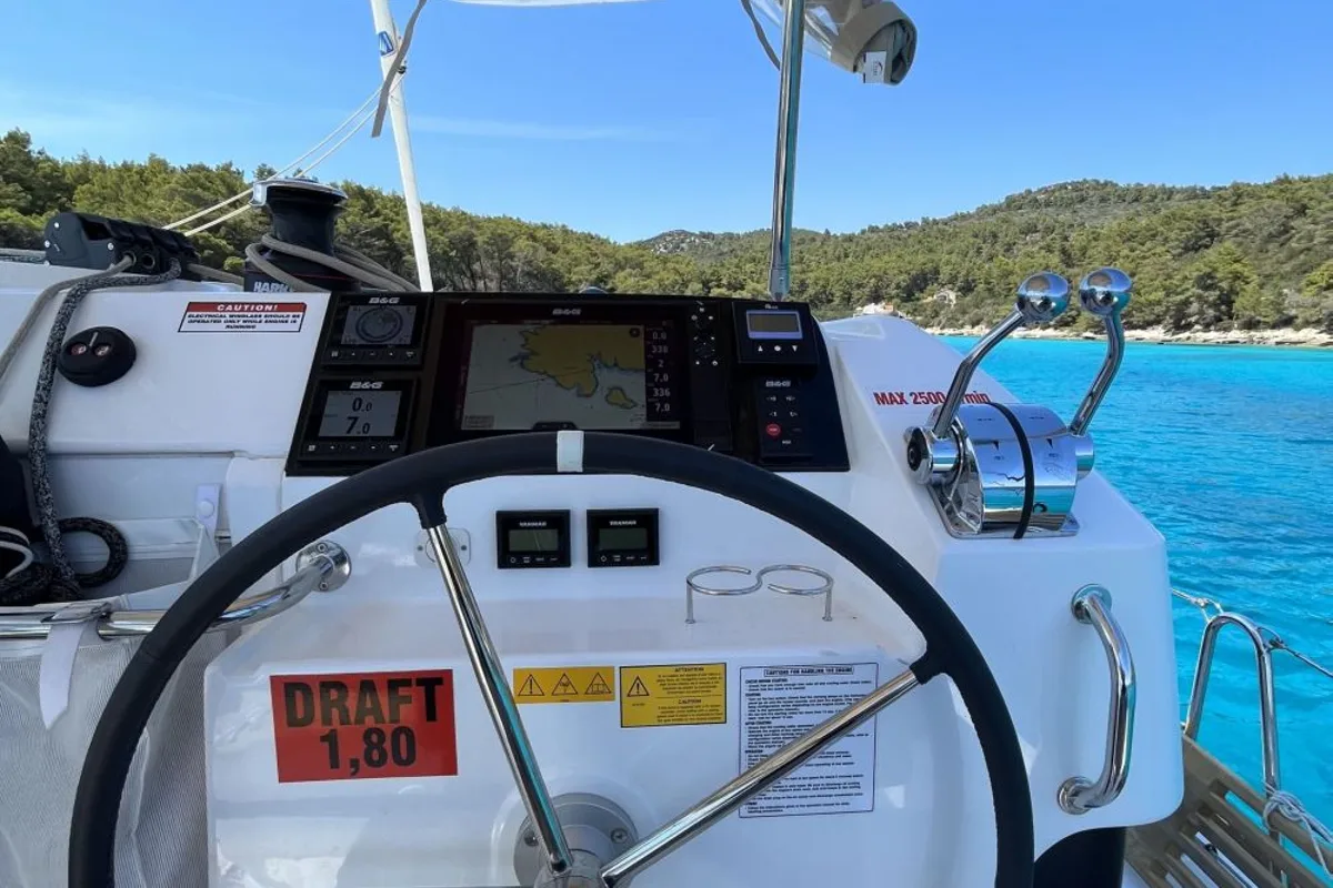 Cockpit of Solentia, a Lagoon 40 catamaran at Rogač, Croatia