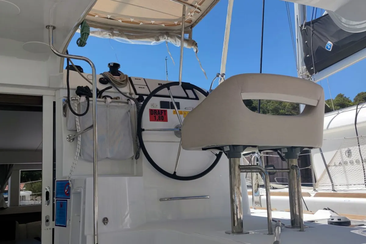 Cockpit of Solentia, a Lagoon 40 catamaran at Rogač, Croatia