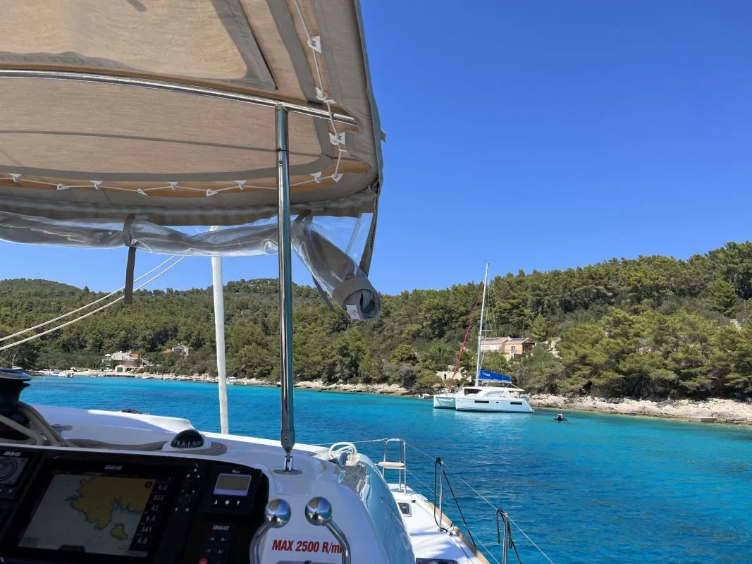 Cockpit of Solentia, a Lagoon 40 catamaran at Rogač, Croatia