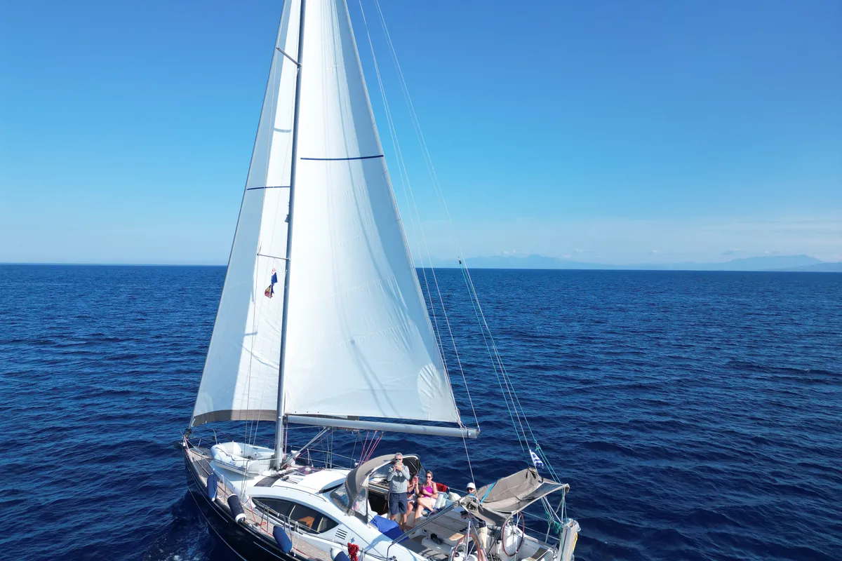 Exterior view of Aurora, a Jeanneau Sun Odyssey 45DS sailboat at Volos, Greece