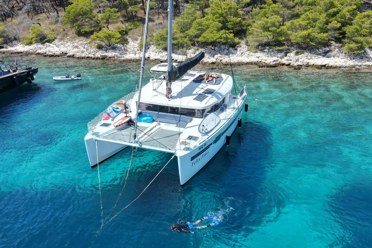 Exterior view of Felix Finis, a Lagoon 450 Sport catamaran at Ambatoloaka, Madagascar