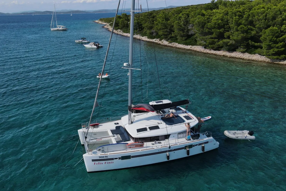 Exterior view of Felix Finis, a Lagoon 450 Sport catamaran at Ambatoloaka, Madagascar