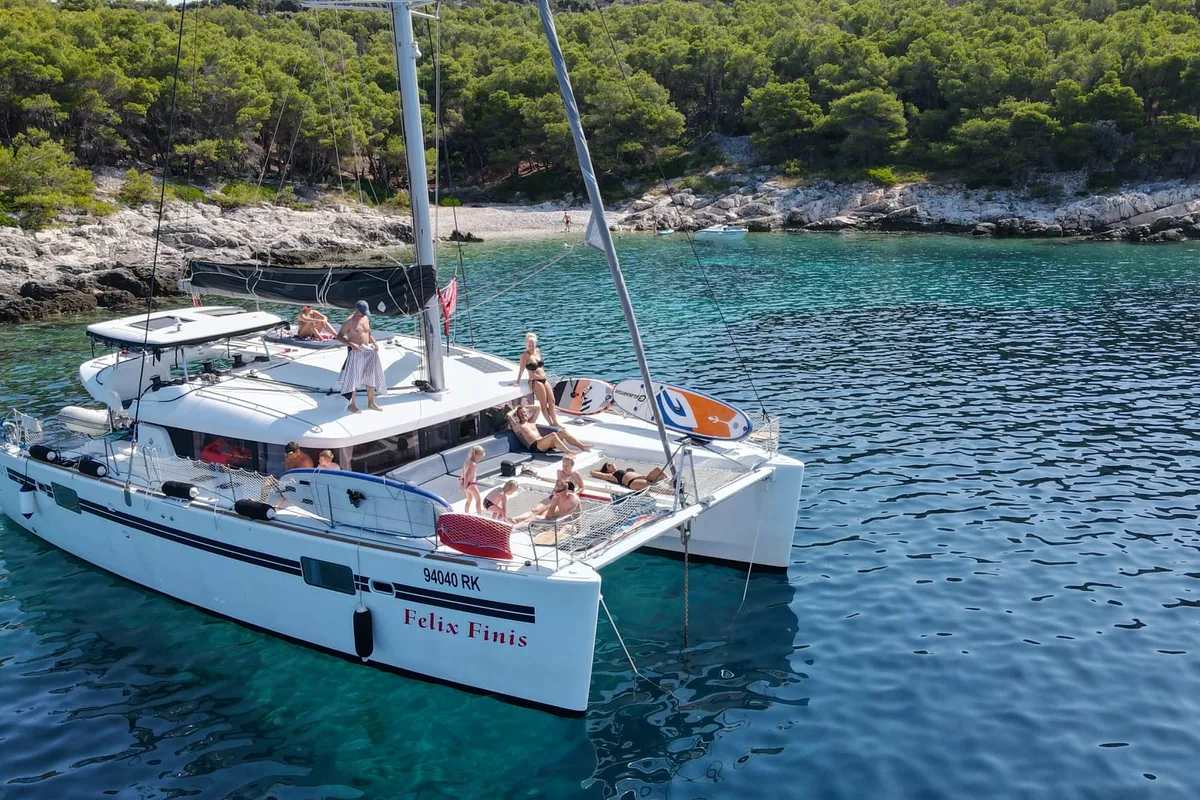 Exterior view of Felix Finis, a Lagoon 450 Sport catamaran at Ambatoloaka, Madagascar