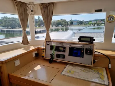 Cockpit of Felix Finis, a Lagoon 450 Sport catamaran at Ambatoloaka, Madagascar