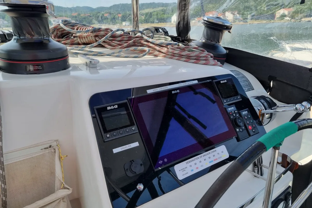Cockpit of Felix Finis, a Lagoon 450 Sport catamaran at Ambatoloaka, Madagascar
