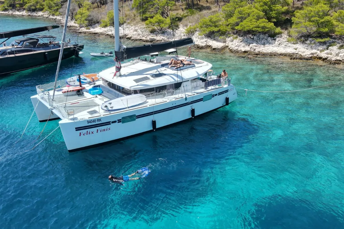 Exterior view of Felix Finis, a Lagoon 450 Sport catamaran at Ambatoloaka, Madagascar