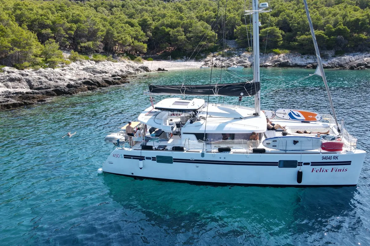 Exterior view of Felix Finis, a Lagoon 450 Sport catamaran at Ambatoloaka, Madagascar