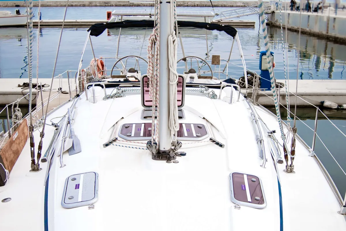 Deck of Okyrroy, a Bavaria 40 sailboat at Kavala, Greece